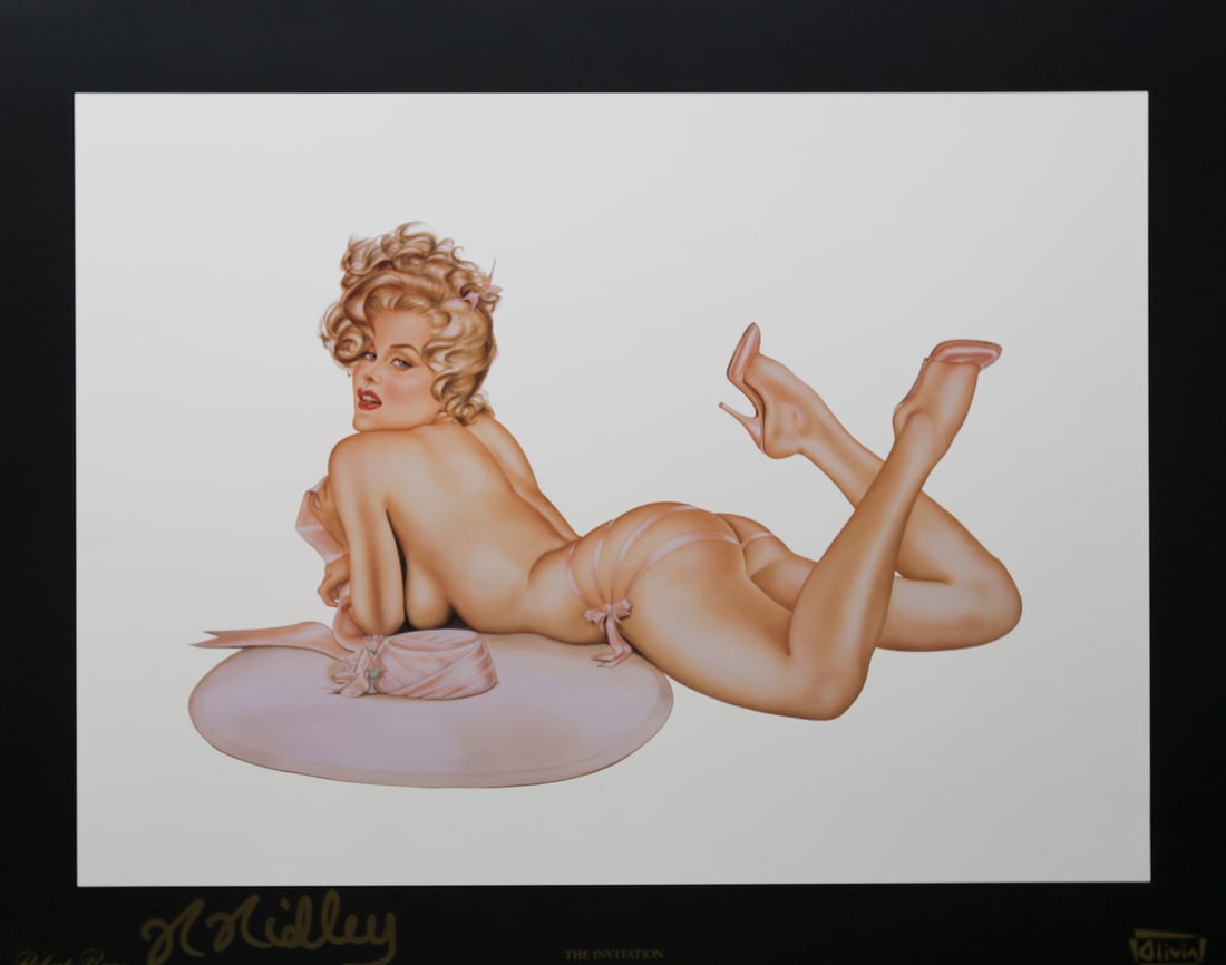 Olivia De Berardinis The Invitation Signed Offset Lithograph: Fine art offset lithograph titled The Invitation by pinup artist Olivia De Berardinis, depicting a reclining blonde figure with a hat and ribbon. Signed by the artist and published by Robert Bane