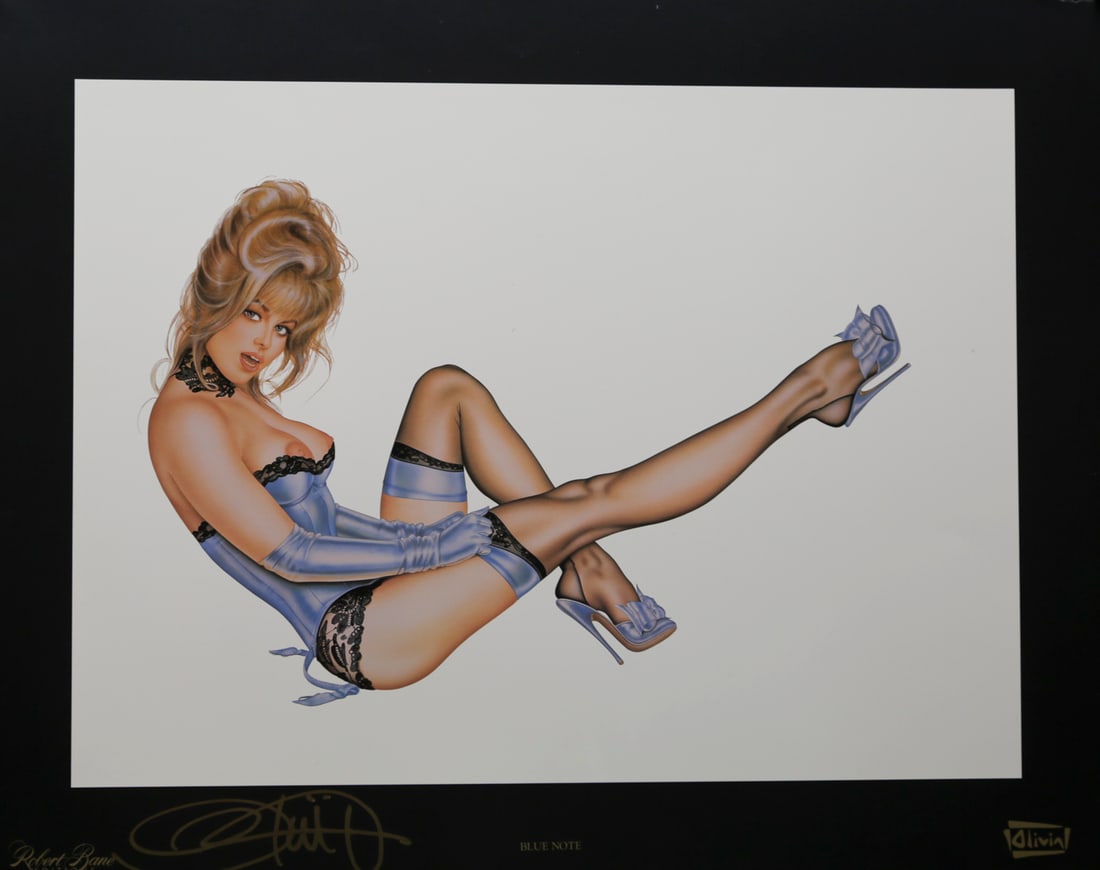 Olivia De Berardinis Blue Note Signed Offset Lithograph: Fine art offset lithograph titled Blue Note by pinup artist Olivia De Berardinis, depicting a reclining blonde figure dressed in blue lingerie, stockings, gloves, and high heels. Signed by the artist