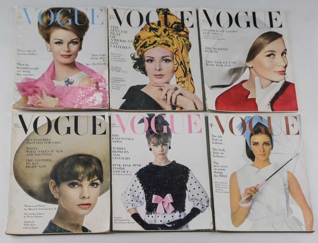Vintage Vogue Magazines 1962 and 1963 Lot of 6: Lot of six vintage Vogue magazines from 1962 and 1963, featuring fashion photography, articles, and period advertisements. Includes issues dated July 1962 and January, February, and April 1963. The Ju