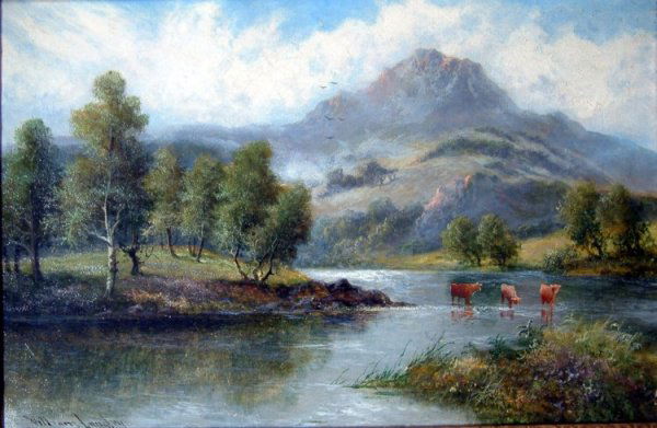 William Langley (fl. 1880-1920) Highland cattle w: William Langley (fl. 1880-1920) oil on canvas, Highland cattle watering, signed, 16 x 24 ins.