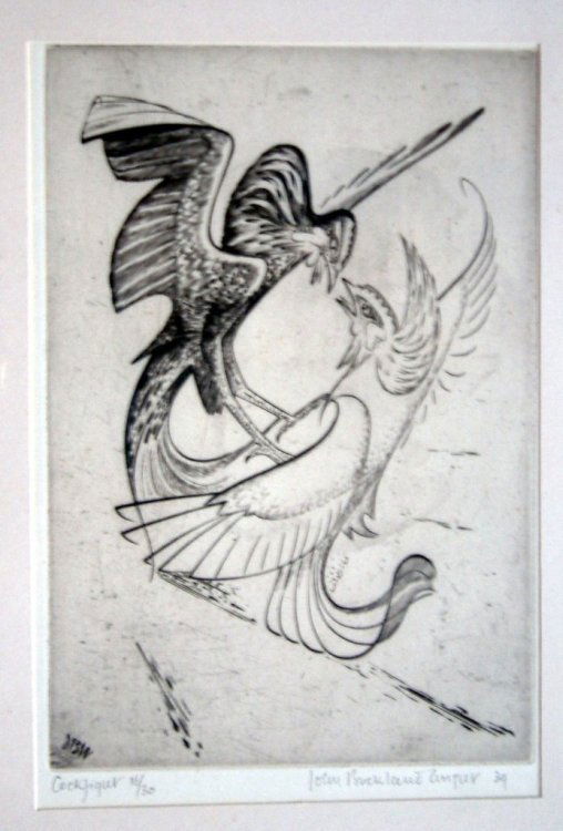 John Buckland Wright (1897-1954) 'Cockfight' 8.5: John Buckland Wright (1897-1954) etching 'Cockfight' signed and dated '39, 16/30 8.5 x 6in.