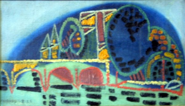 Anthony Green (1939-) 'Pont Neuf, Isle de la Cite: Anthony Green (1939-) oil on canvas 'Pont Neuf, Isle de la Cite' signed and dated '56 9.5 x 16in.