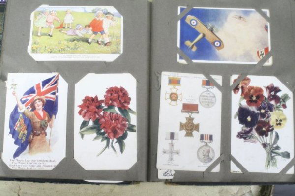 An album of late 19th and early 20th century postca: An album of late 19th and early 20th century postcards, including Donald McGill, a Louis Wain brown tabby cat, Felix the Cat as well as numerous real photographic and 1st WW embroidered cards