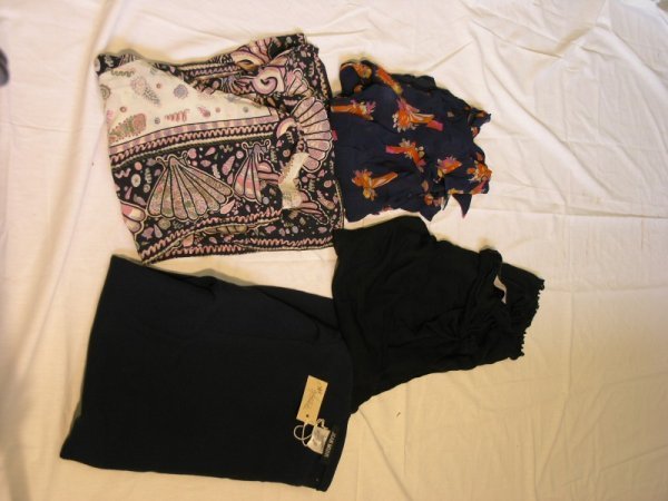 Jean Muir navy blue wool tunic dress, 2 other dres: A Jean Muir navy blue wool tunic dress, 1970's, size 14, a Zandra Rhodes black viscose/nylon shift dress c.1960's, size 12, a Jeff Banks navy blue and floral rayon blouse, c.1980, size 12 and 1920s st