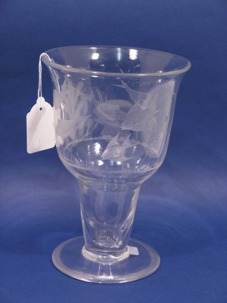 A Keith Murray glass vase, 8.25in.: A Keith Murray glass vase, ogee shape engraved with swimming fish and underwater vegetation, 8.25in.