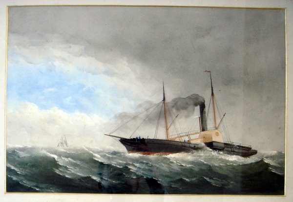 Charles Taylor Junr (fl. 1841-83) Paddle steamer: Charles Taylor Junr (fl. 1841-83) pair of watercolours, Paddle steamer and fishing boat at sea, 14 x 20.5ins