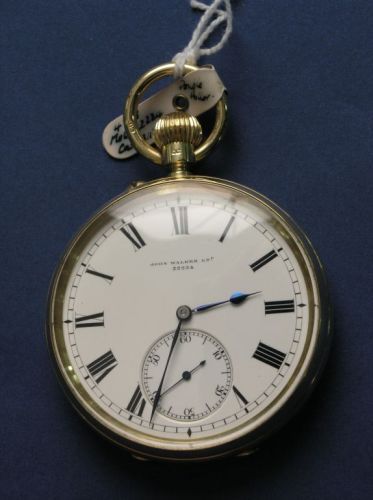 A late Victorian 18ct gold keyless pocket watch: A late Victorian 18ct gold keyless pocket watch with enamelled Roman dial and lever movement signed John Walker, London no 22224.