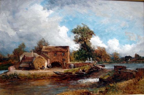 David Bates (c.1841-1921) Fishermen beside a weir: David Bates (c.1841-1921) oil on canvas, Fishermen beside a weir, signed and dated 1881, 12 x 18 ins.