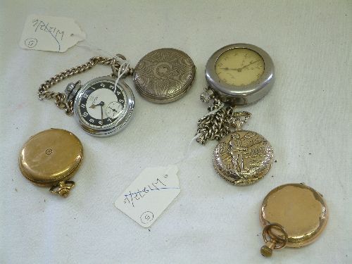 A silver hunter pocket watch: A silver hunter pocket watch in engine turned case, a Record silver pocket watch on curb link albert and 4 other watches