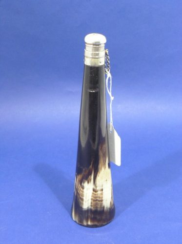 Silver mounted horn flask, 10ins: A Victorian silver mounted horn flask, of tapered form with screw top and glass base, maker Thomas Johnson, London 1867, 10ins