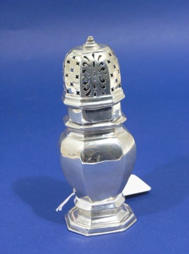 Brttannia standard silver sugar castor: An Edwardian Britannia standard silver sugar castor, of octagonal baluster form, maker Charles Stuart Harris, London 1908, 5.5ins