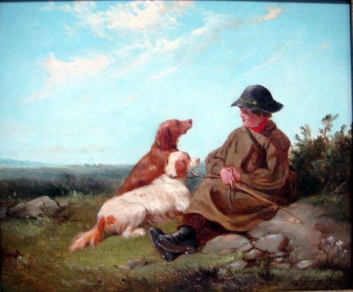 John Duvall (1816-1892) Gun boy and two setters,: John Duvall (1816-1892) oil on canvas, Gun boy and two setters, signed, 10 x 12 ins.
