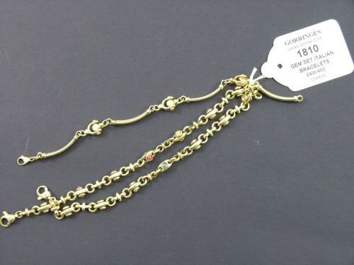 Three gold link bracelets: Three gold link bracelets, each set spaced cabochon gems