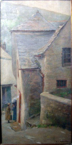 George Edward Robertson (b.1864) Figures on a vil: George Edward Robertson (b.1864) oil on canvas, Figures on a village street, signed, 20 x 10 ins.
