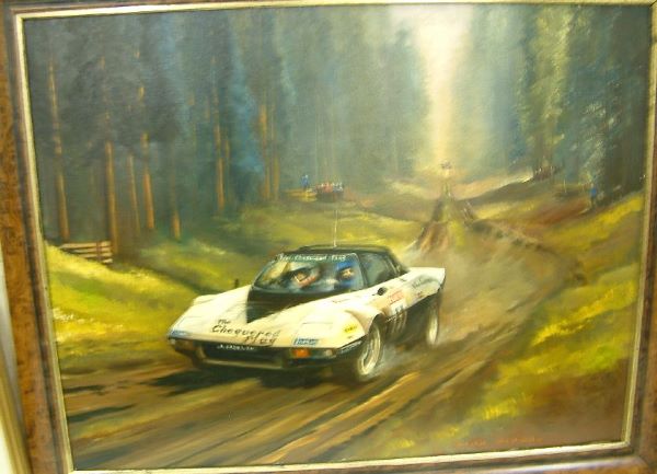 Dion Pears Lancia Rally car - The Chequered Flag,: Dion Pears oil on canvas, Lancia Rally car - The Chequered Flag, signed, 28 x 36ins