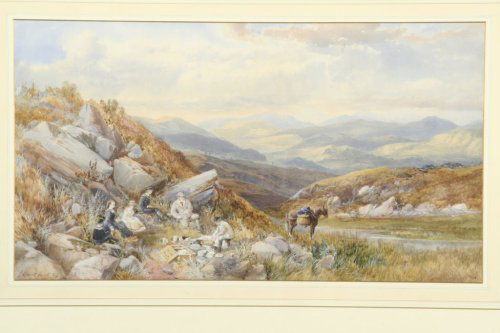 James Burrell Smith (1824-1897) Picnic in the Hig: James Burrell Smith (1824-1897) watercolour, Picnic in the Highlands, signed and dated 1877, 15 x 27 ins.