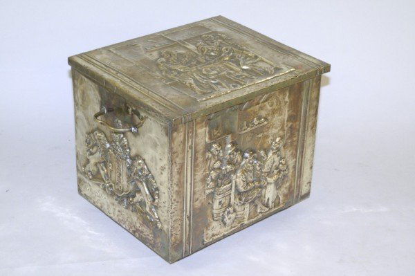 A brass log box, 20ins: A brass log box, with armorial and tavern scene decoration, 20ins