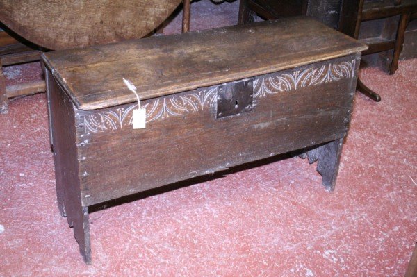 A late 17th century oak six plank coffer, 3ft 4in