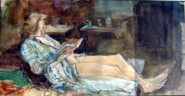 John Ward RA (b.1917) Reclining Model, 9 x 17.5 i: John Ward RA (b.1917) watercolour, Reclining Model, signed and dated '99, 9 x 17.5 ins. THIS LOT WILL BE LIABLE FOR AN ADDITIONAL CHARGE TO THE PURCHASER OF 4% (OR SCALE) OF THE HAMMER PRICE FOR ARTIS