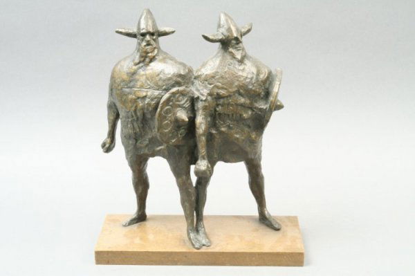 Colin M Davidson - An early 1960's post Impression: Colin M Davidson - An early 1960's post Impressionist bronze of two vikings, modelled side by side with circular shields and horn mounted helmets on wooden plinth, c1962, 12 ins This bronze is the maq
