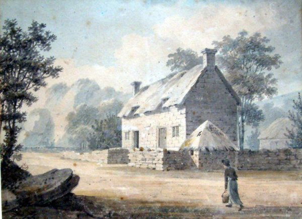 Attributed to William Payne (1754-1833) Woman pas: Attributed to William Payne (1754-1833) watercolour, Woman passing a cottage, 6.5 x 8.75 ins.