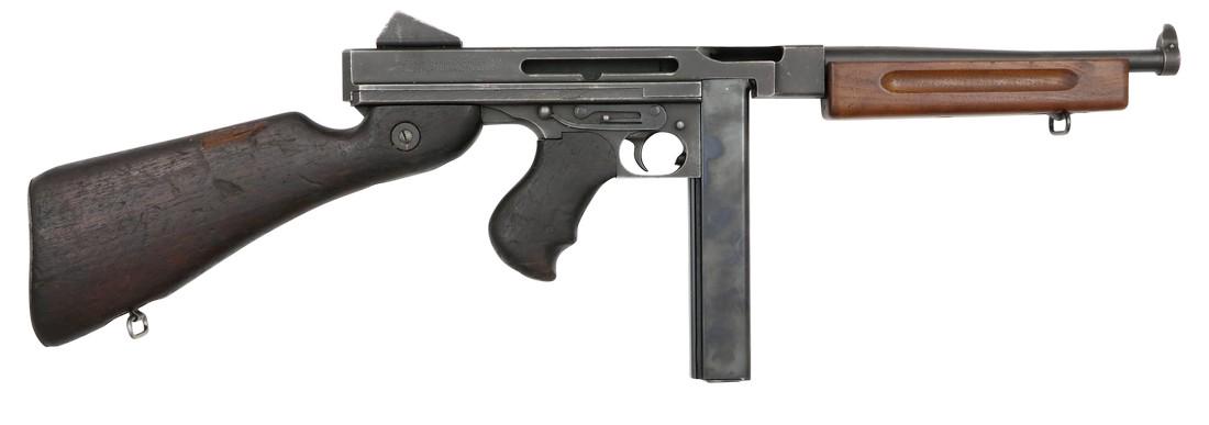 Thompson M1A1, .45ACP: For translation: Please use Google translater or contact us. Maschinenpistole, Auto-Ordnance Corp., Thompson M1A1, Kal. .45ACP, #343878, Holzschaft, Griff und Vorderschaft. Vorderschaft ersetzt. Zusta