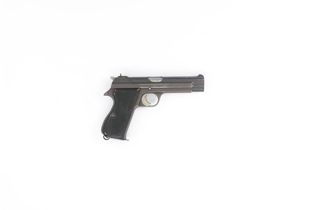 Swiss Army Pistol, SIG, P49, Cal. 9mm Para, #A203295: Pistole, SIG, P49, Kal. 9mm Para, #A203295, brÃ¼nierte Ganzstahlwaffe, SA Abzugsystem, schwarze Kunststoff Griffschalen. Mit Zusatzmagazin und Lederholster. Zustand: D [WES]