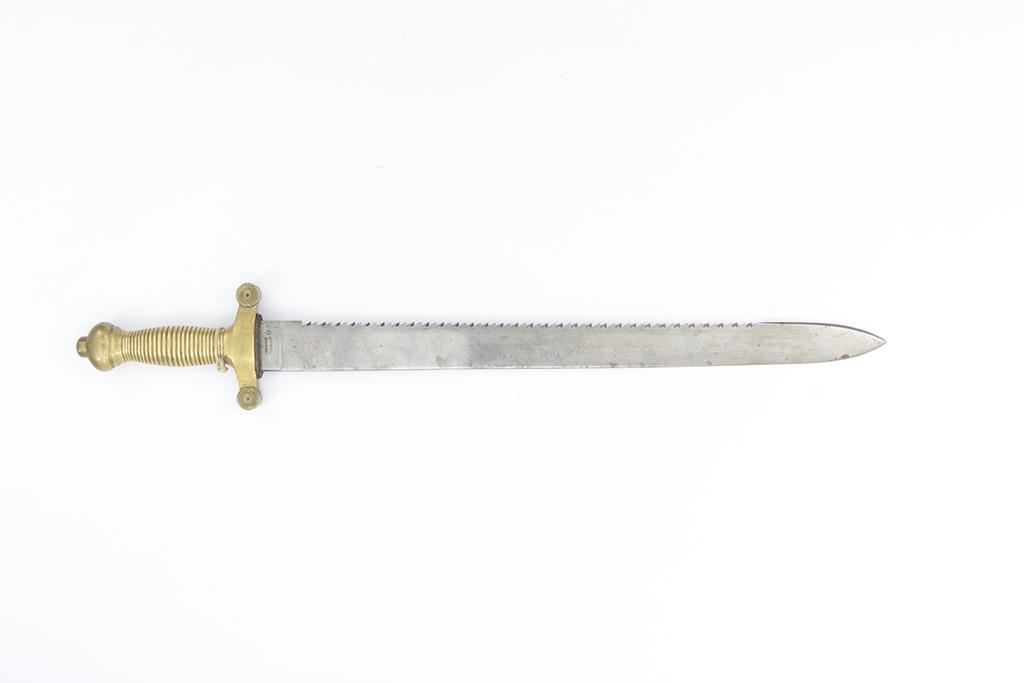 Swiss Army Fascine knife, WF Neuhausen, Mod. 1842/52,: Faschinenmesser, WF Neuhausen, eidg. Ord. Mod. 1842/52, #28713, einteiliges MessinggefÃ¤ss mit 26 Rillen, Parierstange mit 4 Rillen, SÃ¤gerÃ¼ckenklinge. Zustand: D