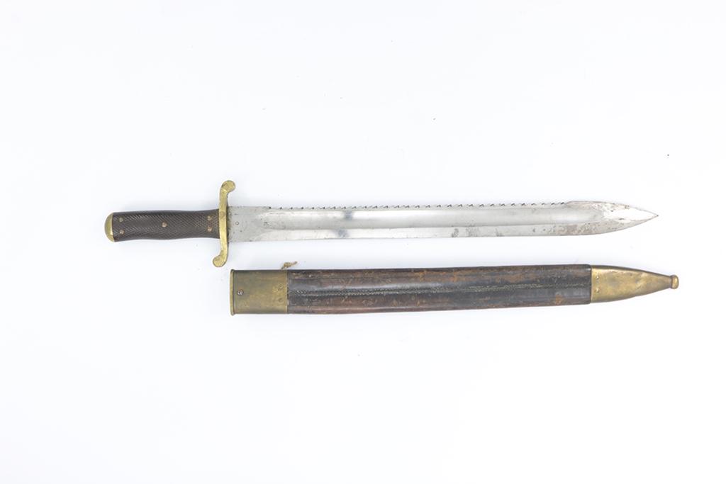 Swiss Army Fascine knife, Gebr. Weyersberg Solingen,: Faschinenmesser, Gebr. Weyersberg Solingen, eidg. Ord. 1878, #3550, SÃ¤gerÃ¼ckenklinge, S-fÃ¶rmige Parierstange mit WalzenfÃ¶rmigen enden, Holzgriff mit Fischhautstruktur fÃ¼nffach genietet.