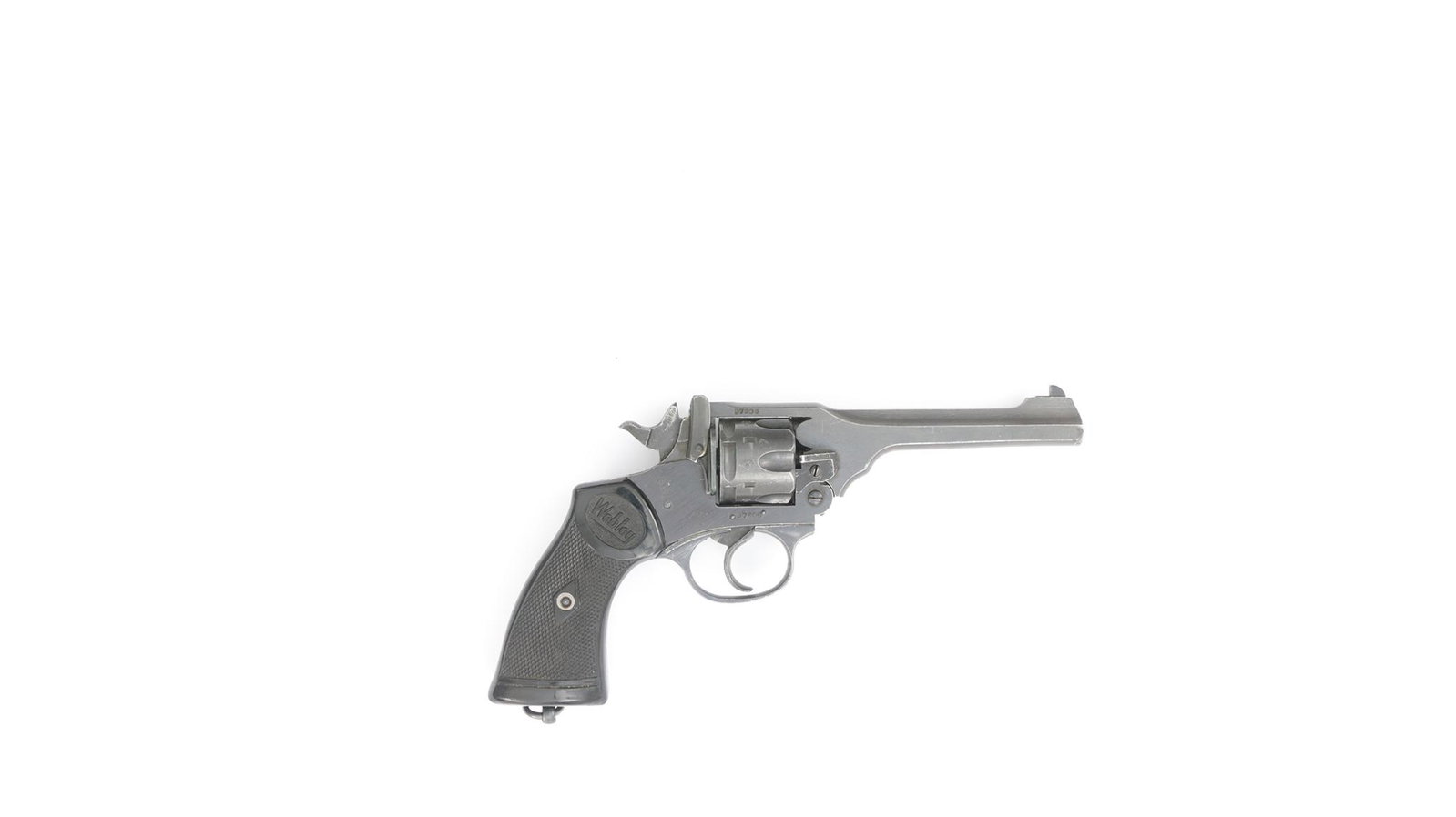 Revolver, Webley, MK4, Kal. .38, #97606: Revolver, Webley, MK4, Kal. .38, #97606, brÃ¼niert, 5" Lauf, schwarze Kunststoffgriffschalen mit Fischhautstruktur und der Aufschrift Webley, auf der linken Seite des Rahmen graviert: "War Finish". 