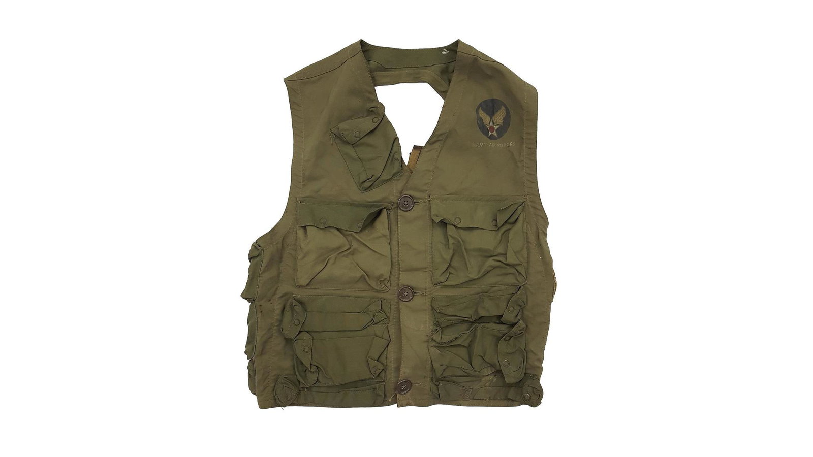 US Air Force Survival Weste: US Air Force Survival Weste, Vietnam Era, mit verschiedenen Taschen und Holster, Air Force Logo mit Beschriftung Army Air Forces vorne auf linker Schulter. Zustand: C+