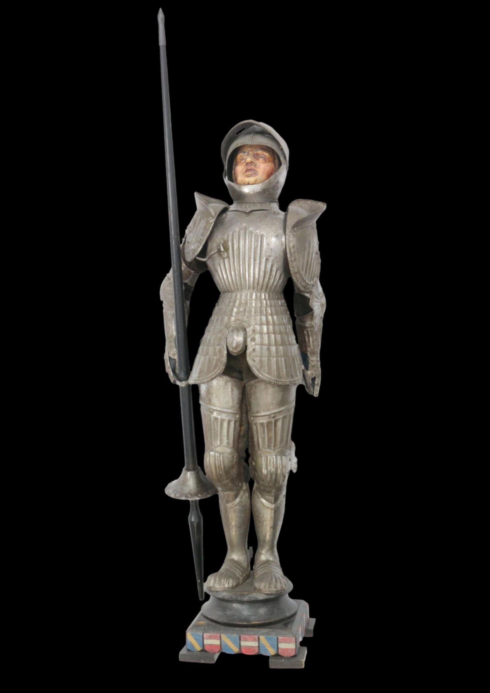 Miniature Armor with Jousting Lance, German, late 19th Century: Miniature Armor with Jousting Lance, German, late 19th Century. Multi-part armor made of riveted sheet metal in the style of the early 16th century. with a colored face. Holding a wooden tournament la