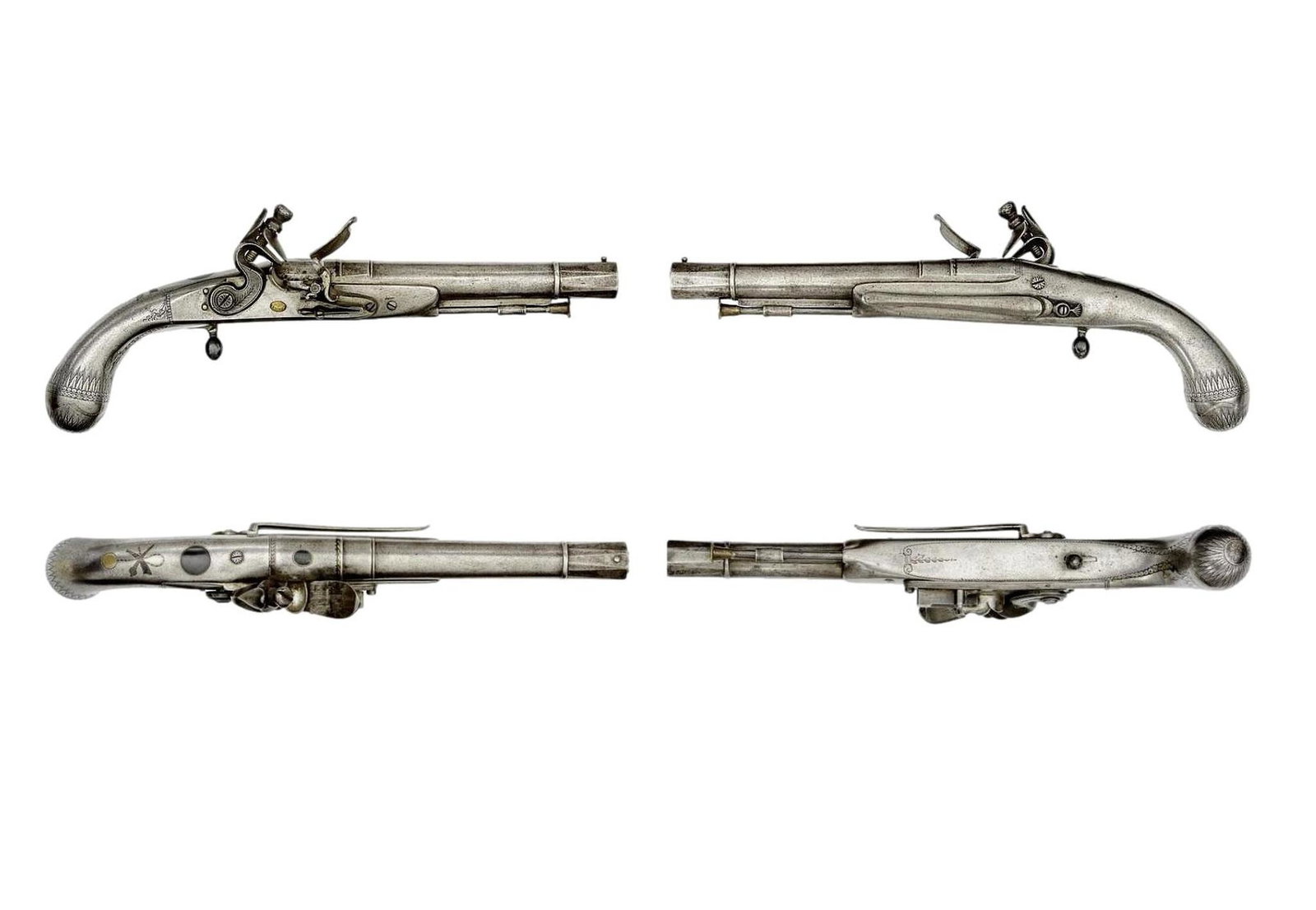 Important Scottish Steel Flintlock Pistol By Innes Edinburgh, circa 1800: Important Scottish Steel Flintlock Pistol By Innes Edinburgh, circa 1800, .56 caliber, 7" stepped round barrel with engraved baluster turned rings at the transitions and a flared octagonal muzzle. Loc