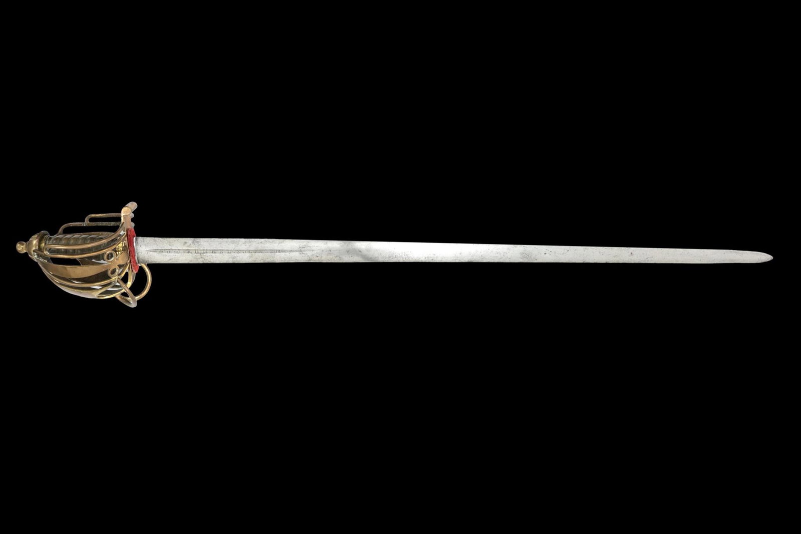 1798 Pattern Scottish Highland Infantry Officer's Basket Hilted Broadsword: 1798 Pattern Scottish Highland Infantry Officer's Basket Hilted Broadsword, with broad double-edged German blade signed "J. J. Runkel Solingen" within a short fuller on each face, gilded brass hilt of