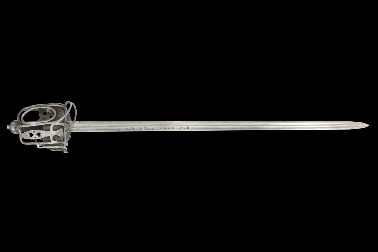 Scottish Basket-Hilted Backsword, Mid-18th Century: Scottish Basket-Hilted Backsword, Mid-18th Century, the blade with two long fullers and tapering in a double-edged point features traces of decorative stamping and the partial inscription "Ven. Ver...