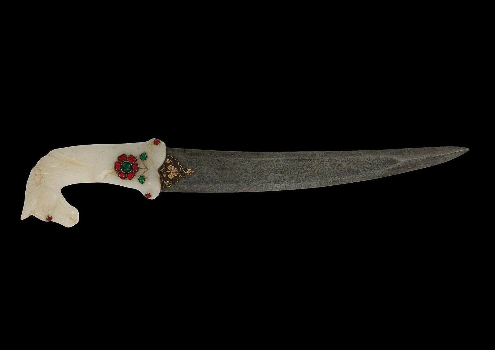 Khanjar Dagger in Mughal Style 20th Century: Khanjar Dagger in Mughal Style, 20th Century, featuring a Damascus steel patterned blade, and a quartz stone handle, beautifully carved in the shape of a horse head. The handle adorned on both sides w