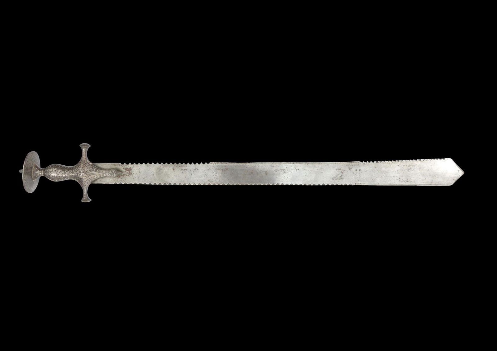 Rare Indian Khanda Sword, 18th Century: Rare Indian Khanda Sword, 18th Century, with a delicately serrated blade, the grip finely etched and overlayed in detailed Koftgari designs. Condition: Some surface tarnishing to blade, otherwise very