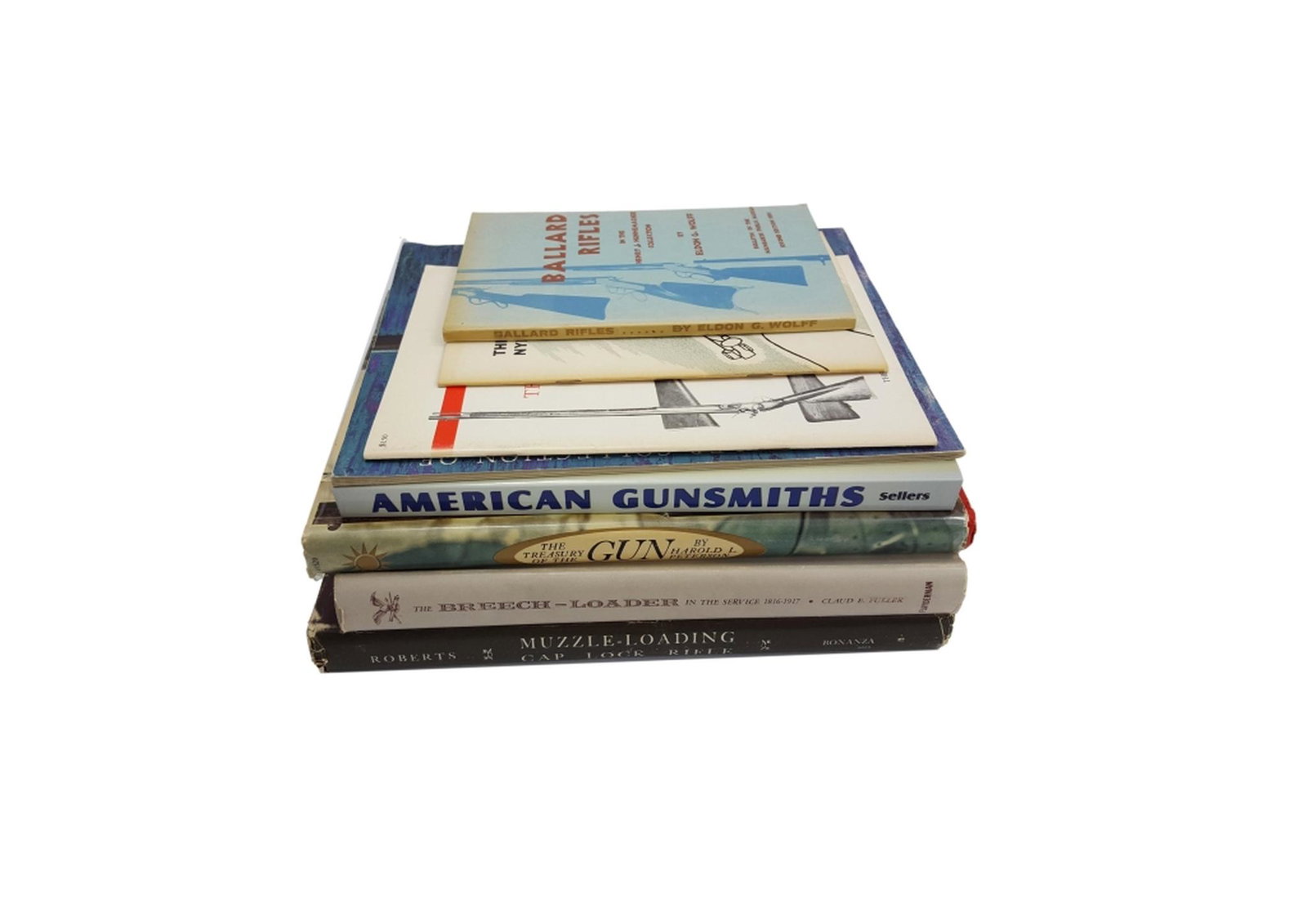 Lot of 8 Books (in English) on North American Guns and Gunsmiths: Lot of 8 Books (in English) on North American Guns and Gunsmiths, comprising "The Treasury of the Gun" by Harold Peterson; "American Gunsmiths" by Frank Sellers; "The Muzzle-Loading Cap Lock Rifle" by