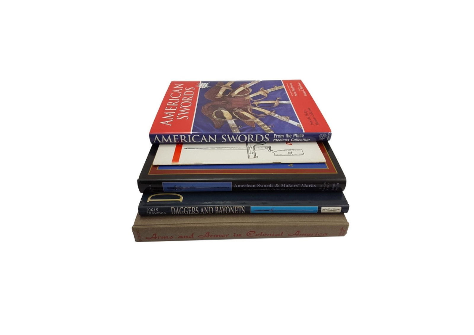 Lot of 5 Books (in English) on mainly American Edged Weapons: Lot of 5 Books (in English) on mainly American Edged Weapons, comprising "American Socket Bayonets 1717-1873" by Donald Webster; "Daggers & Bayonets - A History" by Logan Thompson; "Arms and Armor in 