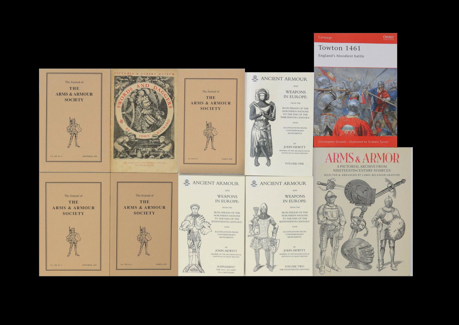 Lot of 10 Books (in English) on Arms & Armor: Lot of 10 Books (in English) on Arms & Armor, comprising 4 issues of "The Journal of The Arms & Armor Society" by various authors; "Swords & Daggers of the Victoria & Albert Museum" by John Hayward; "