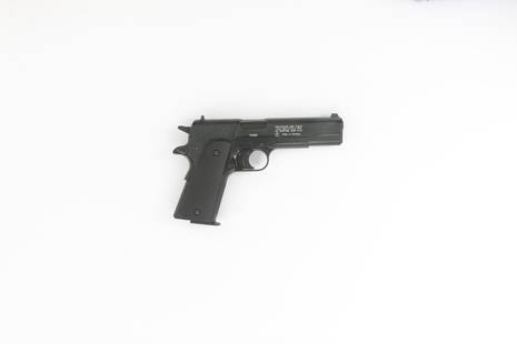 Air Pistol, Colt, Mod. 1911: Air pistol, Colt, mod. 1911, cal. 4.5mm, #F7281024, blued,rubber grip panels with checkering, with original box. Condition: C[IDV]