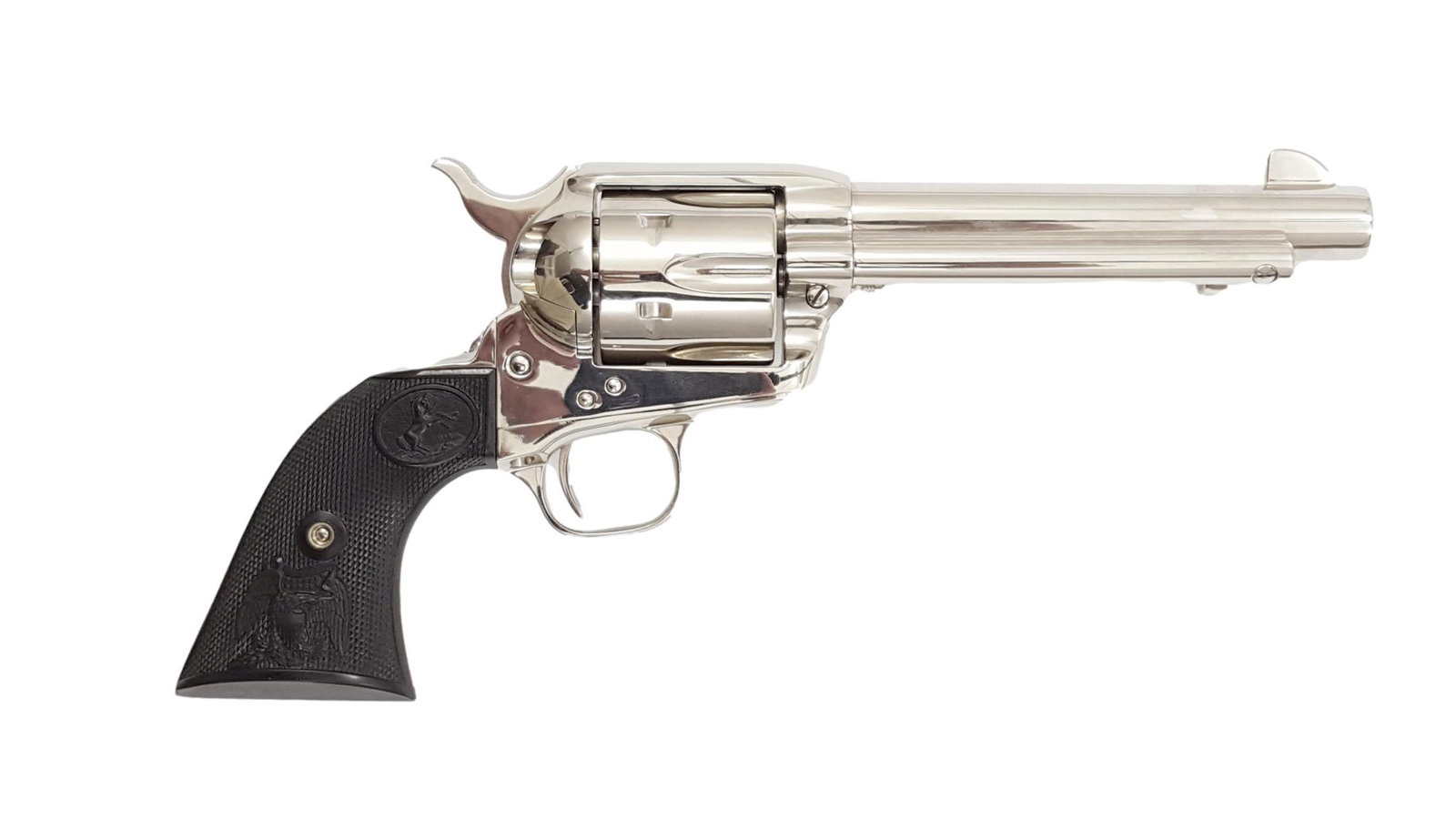 Colt Single Action Army, .45 Colt: Revolver, Colt Single Action Army, .45 Colt, #S15248A, nickel plated, black plastic grips with Colt, and various other motifs. Including the original box. Condition: A [WES]