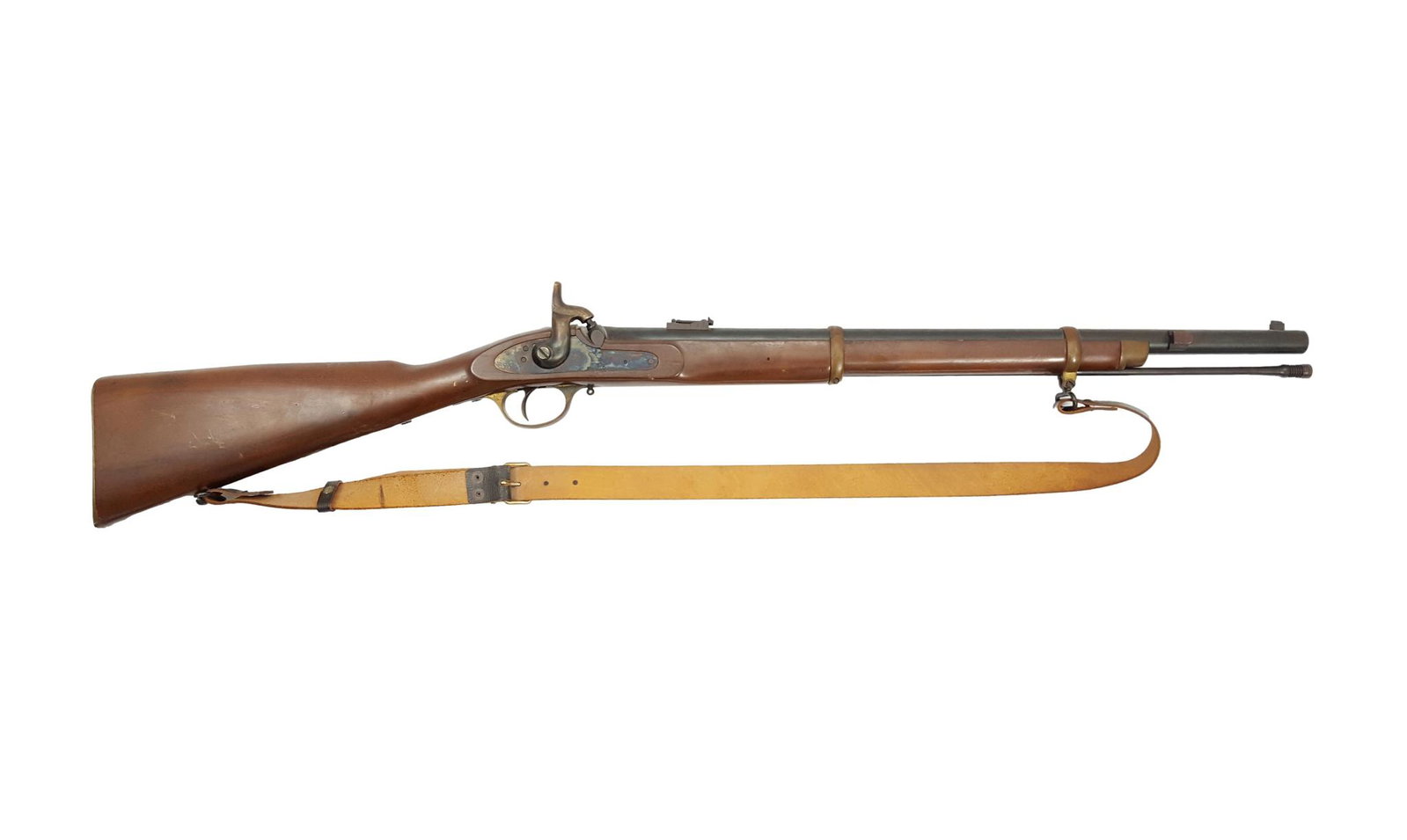 Percussion Rifle, Enfield Replica, Cal. 58: Percussion Rifle, Enfield Replica, Army San Paolo, Cal. 58, #1247, blued, adjustable rear sight, brass furniture, wooden stock, with leather sling. Condition: C+ [IDV]