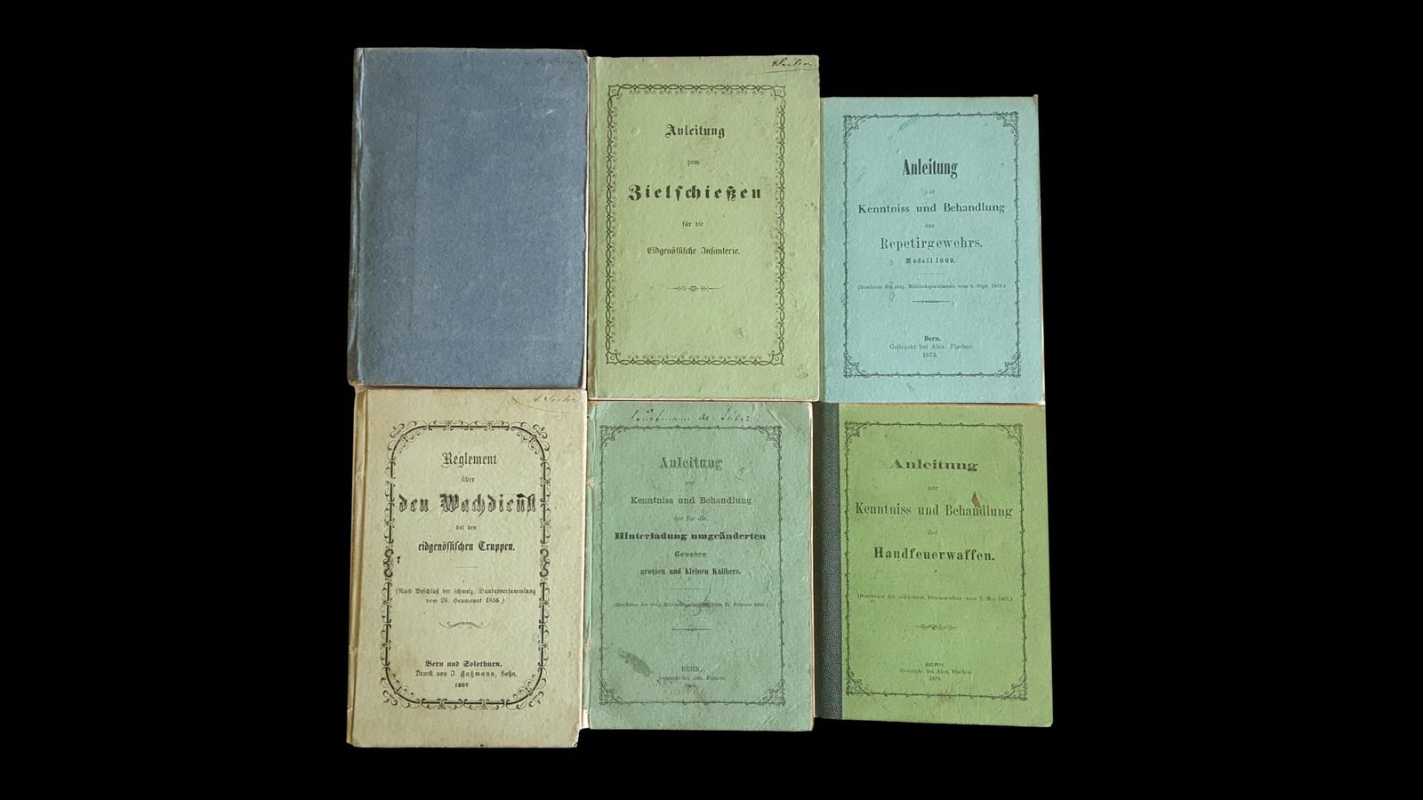 Rare Lot of 6 Swiss Army Training Manuals: A lot of 6 rare and original, antique Swiss army training manuals including: "Anleitung â€¦des Repetiergewehrs Modell 1869", "Anleitung â€¦Hinterladung umgeanderten Gewehre grossen und kleinen