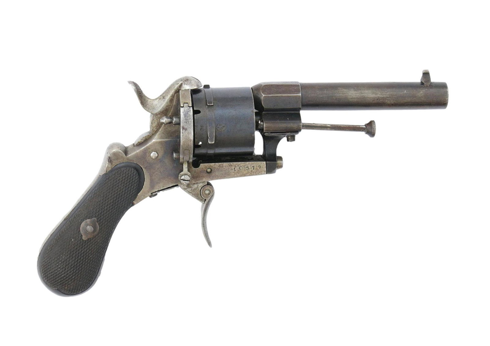 Pinfire Revolver Marked by Famous French Gunsmith EugÃ¨ne Lefaucheux: Pinfire Revolver Marked by Famous French Gunsmith EugÃ¨ne Lefaucheux on the left side of barrel housing with crown over "EL", which indicates a Belgian Lefaucheux manufacture. Caliber 7 mm, round 5-
