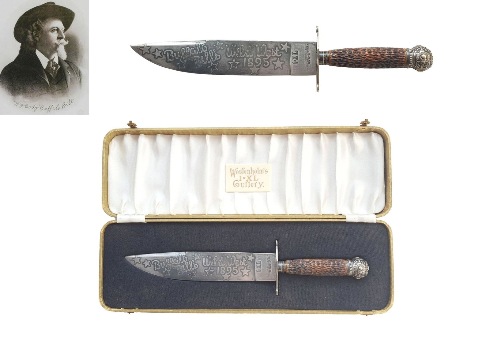 Rare Buffalo Bill Cody Bowie Knife, Wostenholm's IXL Cutlery Co. Sheffield England, 1895, with: Rare Buffalo Bill Cody Bowie Knife, Wostenholm's IXL Cutlery Co. Sheffield England, 1895, with Original Presentation Box, the knife featuring a large, heavy, forged bowie blade, acid-etched on the lef