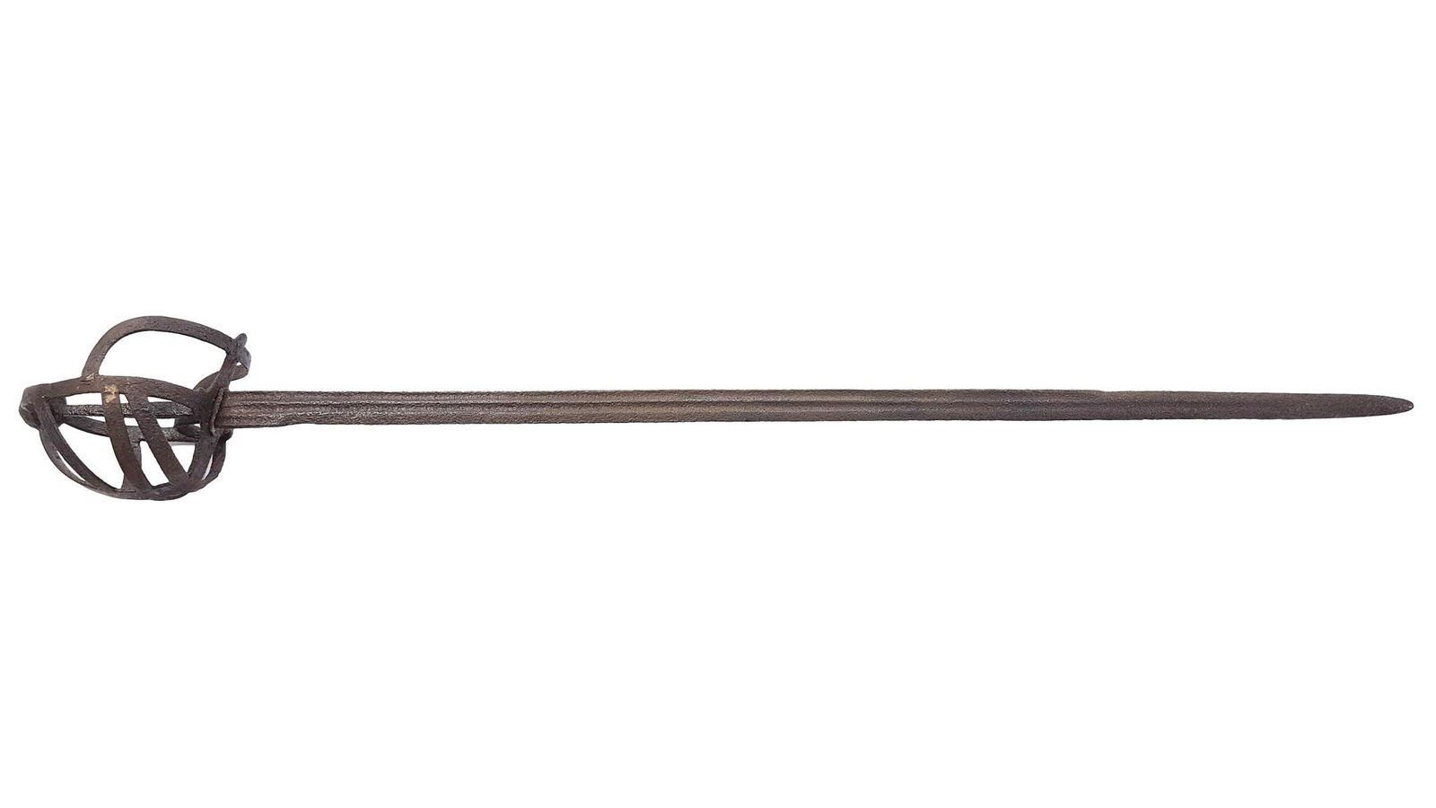 Rare and Interesting 18th Century Basket Hilted Backsword: Rare and Interesting 18th Century Basket Hilted Backsword, found on a battlefield, the steel single-edged blade with double fuller leading to iron guard, lacking grip, yet original leather thumb ring