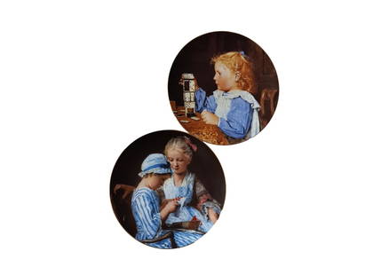 Lot of 2 Limited Edition Albert Anker Porcelain Plates: Lot of 2 Limited Edition Albert Anker Porcelain Plates, each packed in their original styrofoam box, and featuring a built-in hanging device at the back of each plate. Plate 1 entitled " Young Girl wi