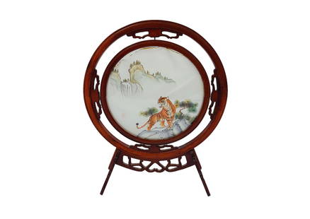 Traditional Chinese Silk Embroidered Tiger: Traditional Chinese Silk Embroidered Tiger, hand-stitched with silk thread on a translucent silk cloth background, mounted in a beautifully constructed round hardwood frame with detachable legs.