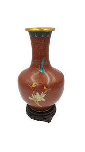 Ornate Chinese Cloisonné Enameled Vase: Ornate Chinese Cloisonné Enameled Vase with stylized cherry blossom motif in pink and white. Together with a carved hardwood stand. Height: ca. 8.2 inches (20.8 cm). Diameter ca. 5.1 inches (13